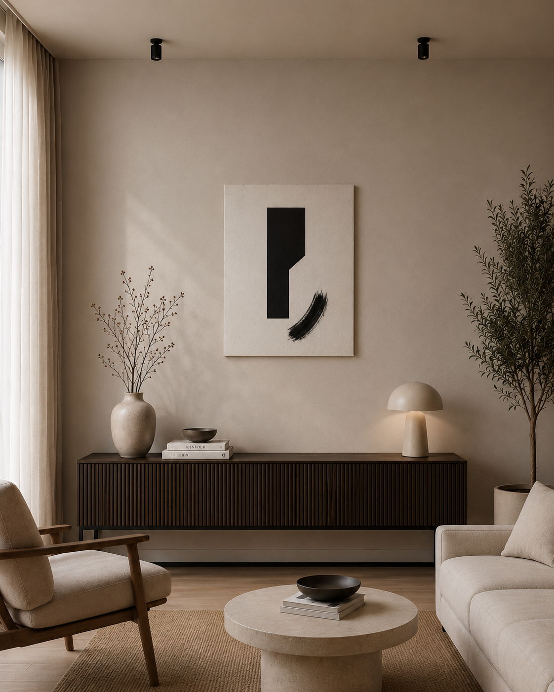 The canvas in a warm living room with a low console, an armchair and a cream sofa