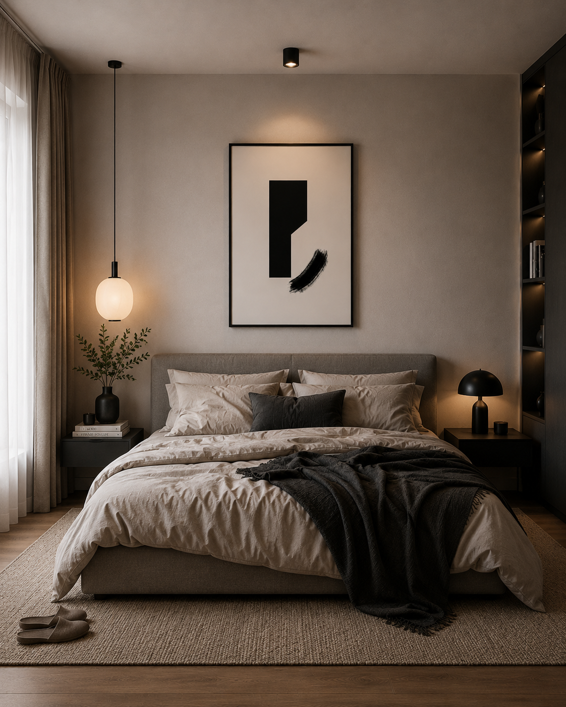 The framed print above a bed in a warm bedroom with bedside lamps
