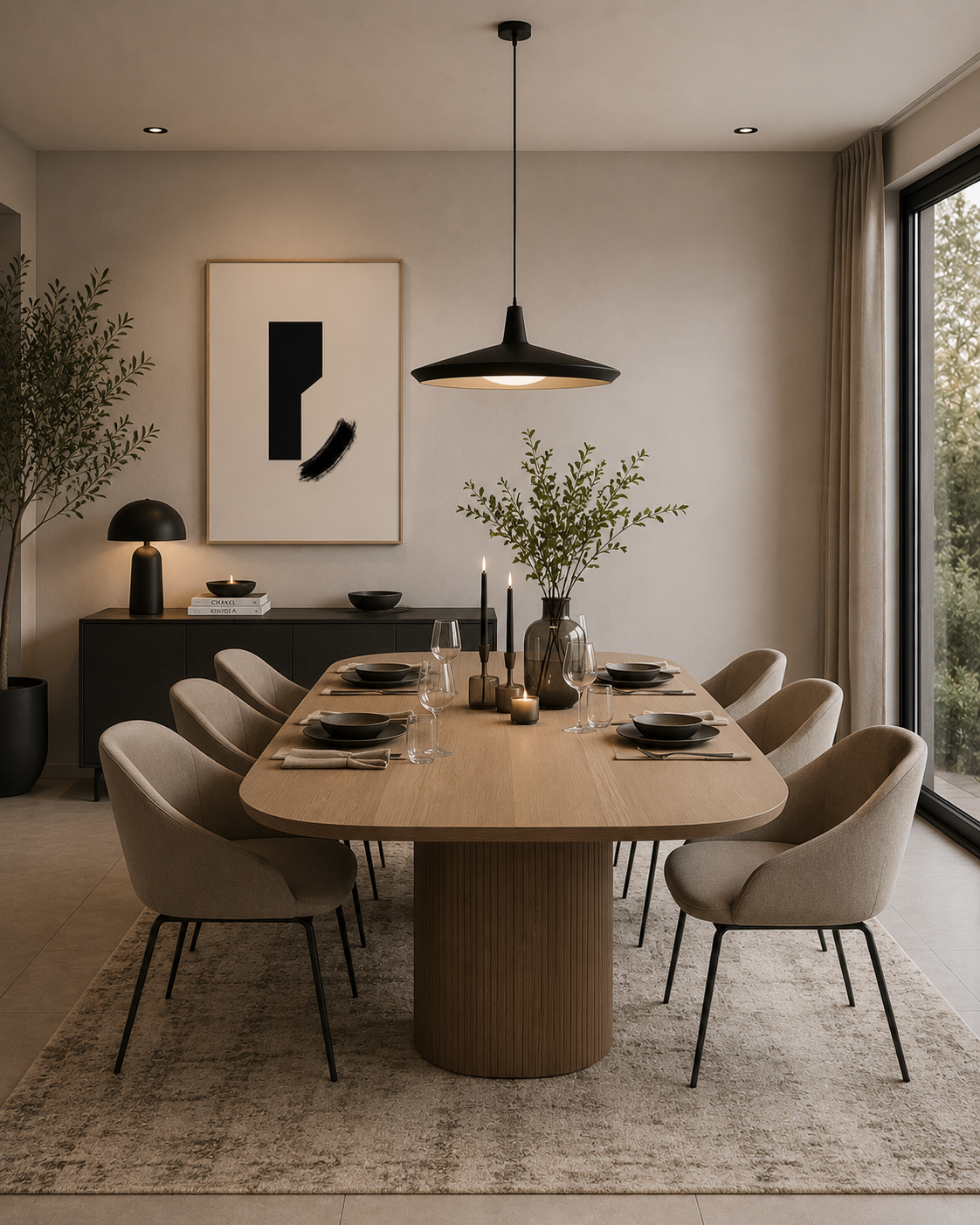 The framed print in a modern dining room with a round table and pendant lighting