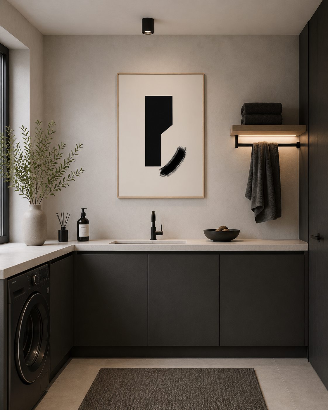 The framed print in a utility room with dark cabinetry and neutral tones