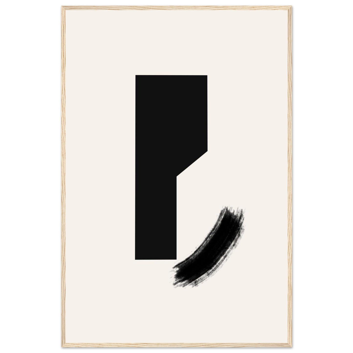 Quiet Contrast modern Japandi framed wall art in a natural light wood frame, a tall black block with a sweeping brushstroke