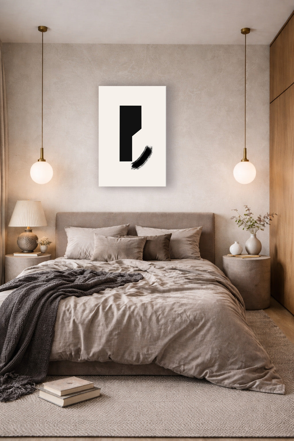 The poster above a bed in a neutral bedroom with pendant lamps