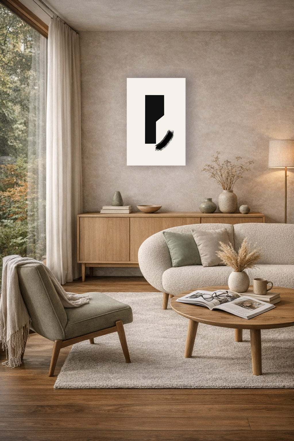 The poster in a warm living room with an armchair and a low wooden console