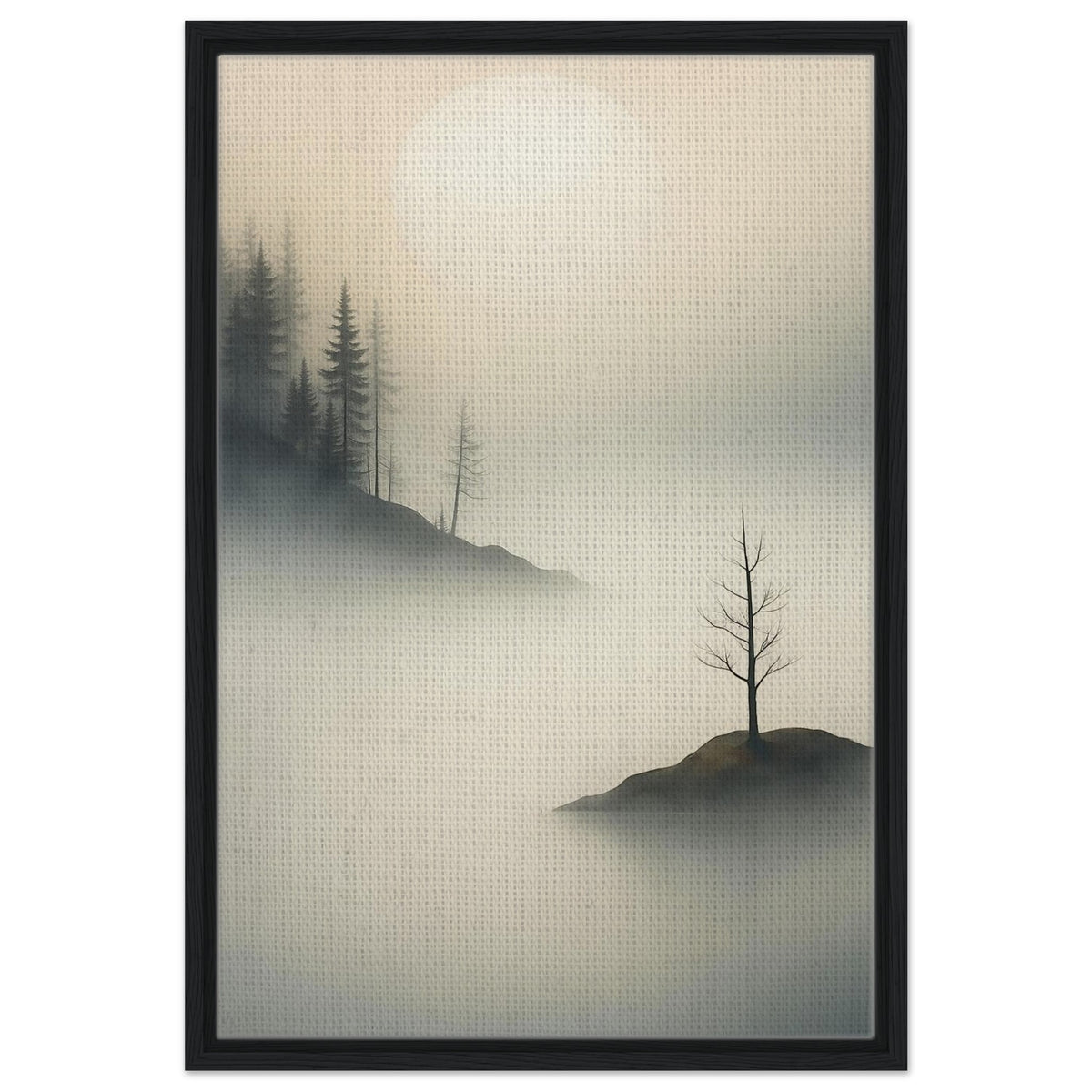 Quiet forest wall art with layered mist and lone tree surrounded by calm water