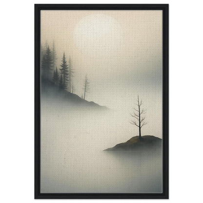 Quiet forest wall art with layered mist and lone tree surrounded by calm water