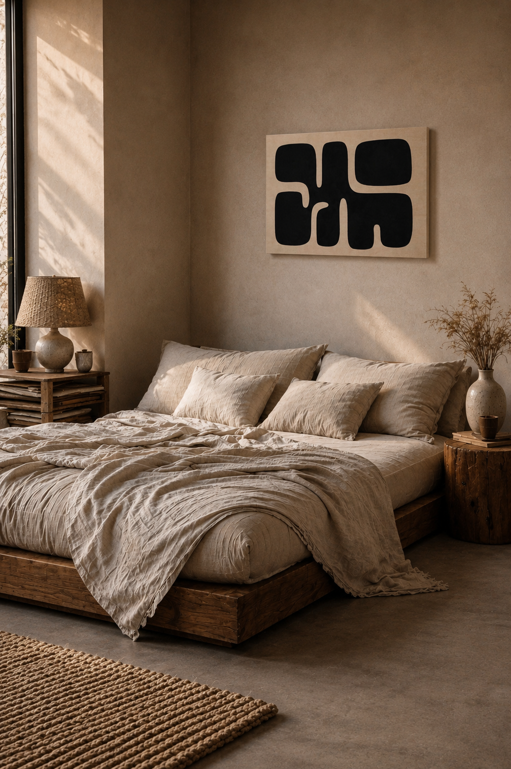 Minimalist abstract canvas wall art above bed in cozy neutral bedroom with warm wood accents and soft beige decor.