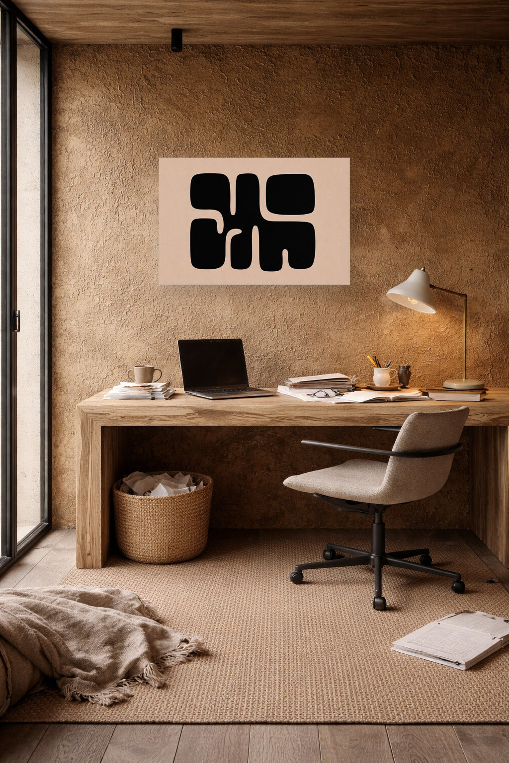 Minimalist abstract black wall art canvas in cozy home office with wooden desk, neutral decor and warm Japandi interior.