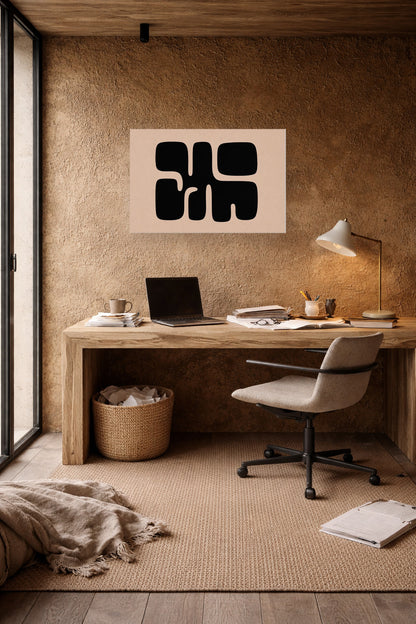 Quiet Forms abstract black wall art poster in a cozy home office with neutral decor