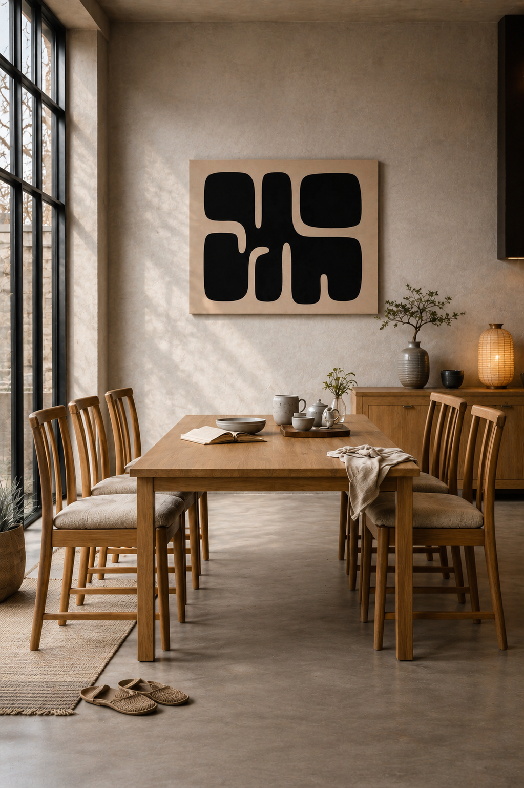 Modern abstract wall art poster in warm minimalist dining room with wooden table, neutral decor and Scandinavian interior styling.
