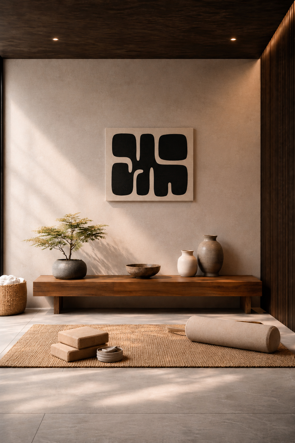 Abstract black and beige canvas wall art in modern spa interior with wooden bench, neutral decor and Japandi aesthetic.