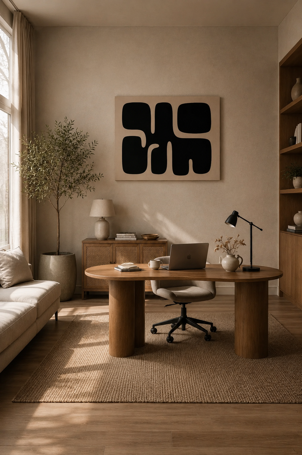 Modern abstract canvas wall art in bright home office with wooden desk, neutral furniture and minimalist decor.