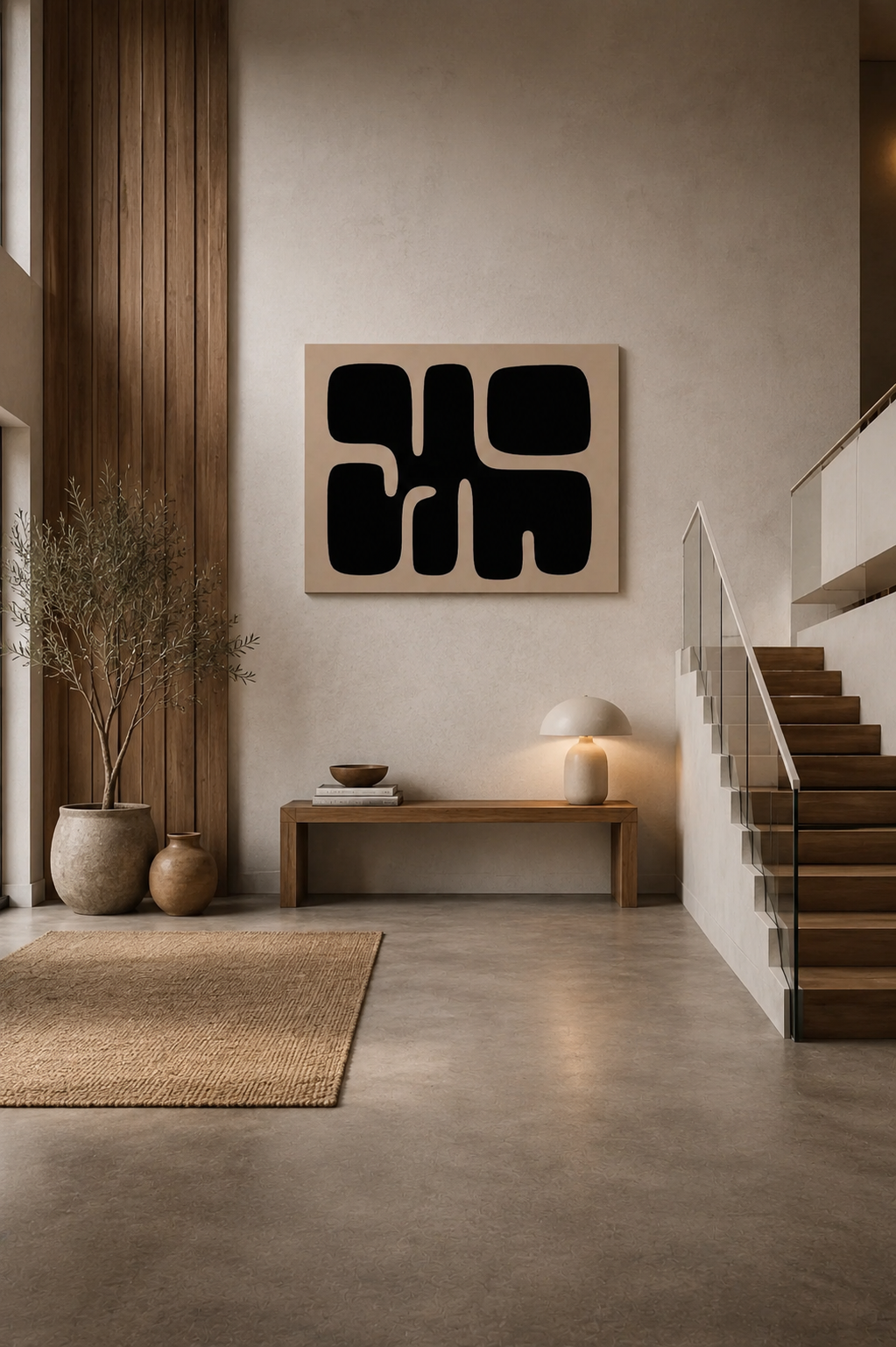 Minimalist abstract wall art canvas in modern entryway interior with staircase, wooden accents and neutral styling.