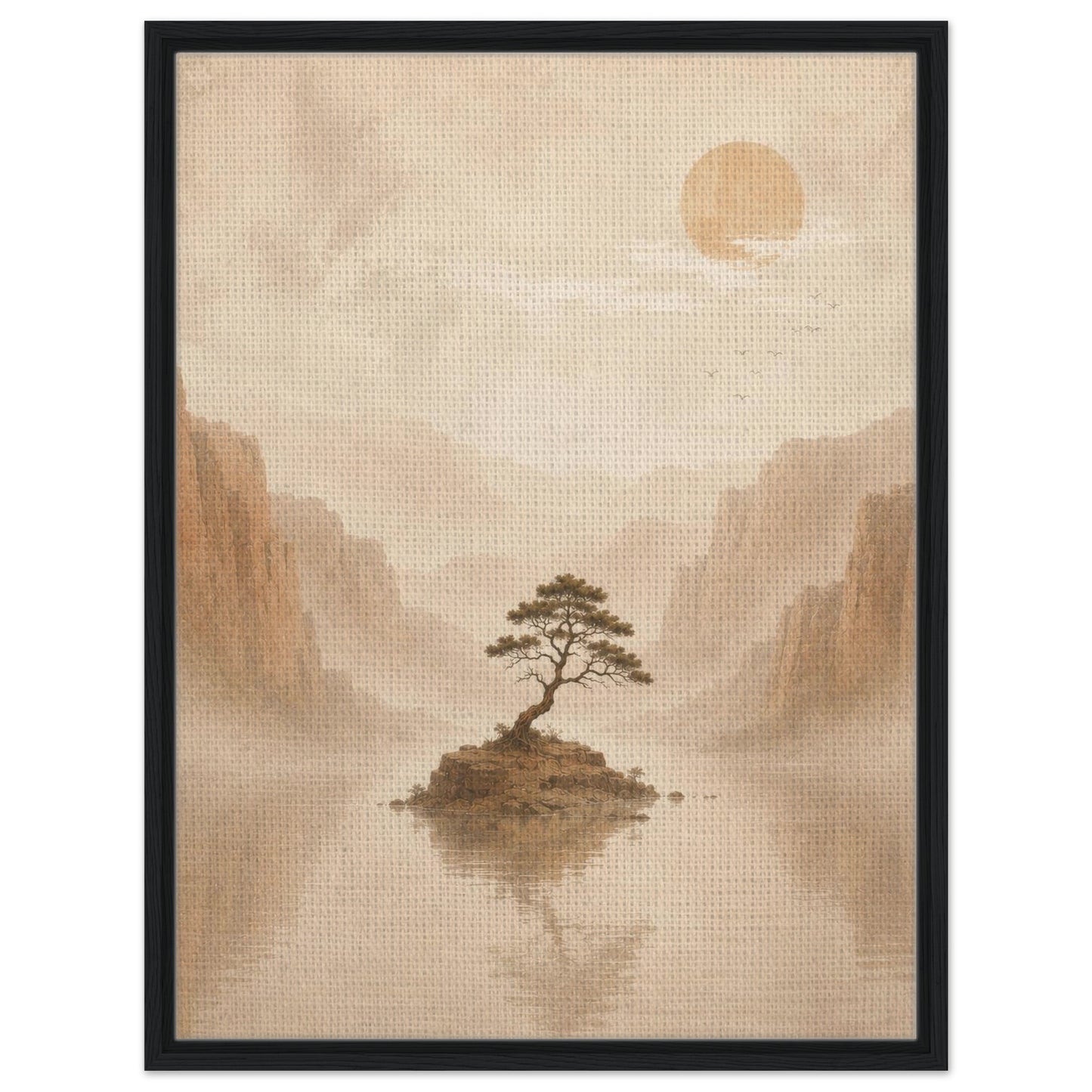 Quiet mountain landscape with lone tree soft mist and warm sun in natural wood frame