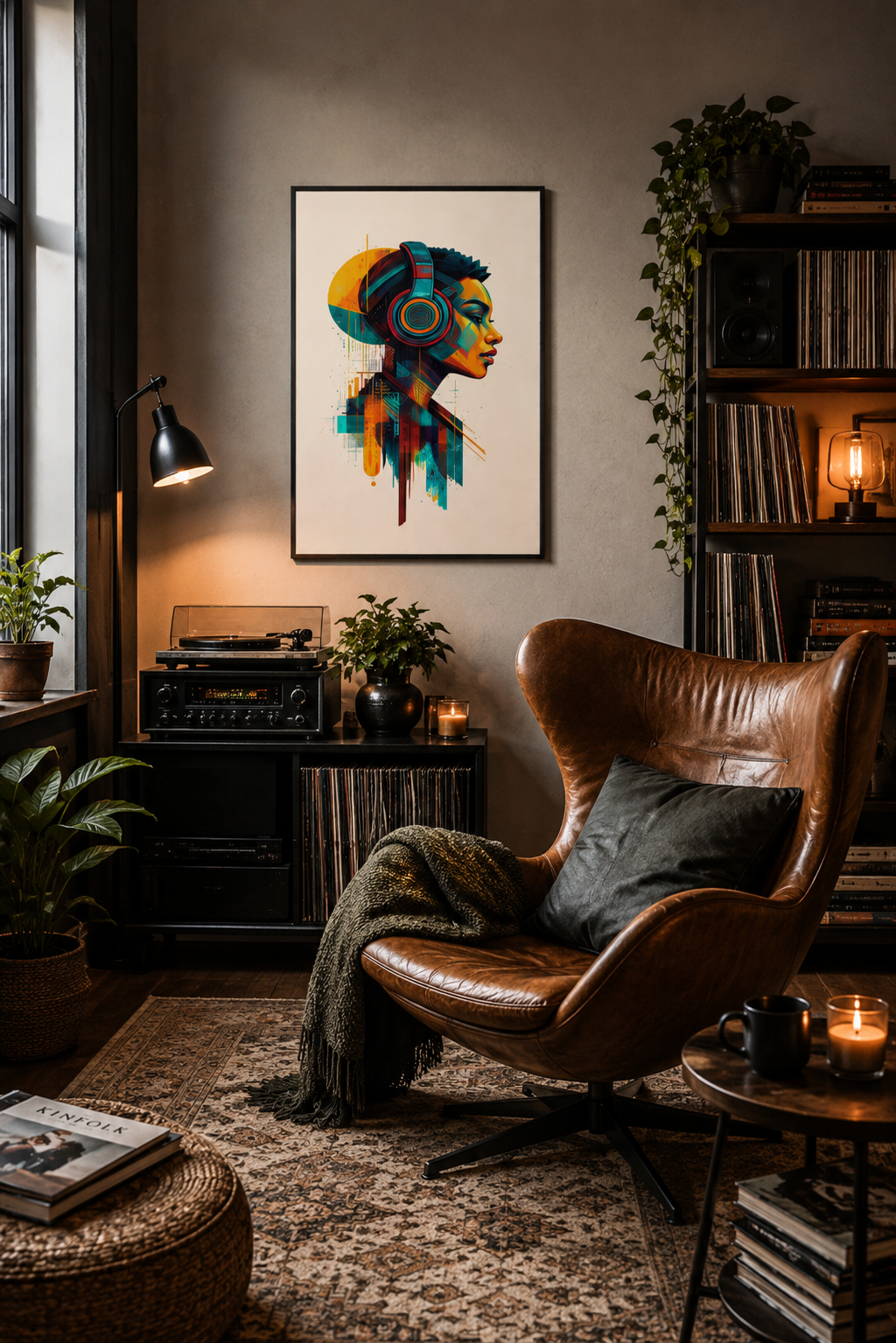 Warm reading corner with leather armchair, bookshelves and colorful headphones poster in a black frame.