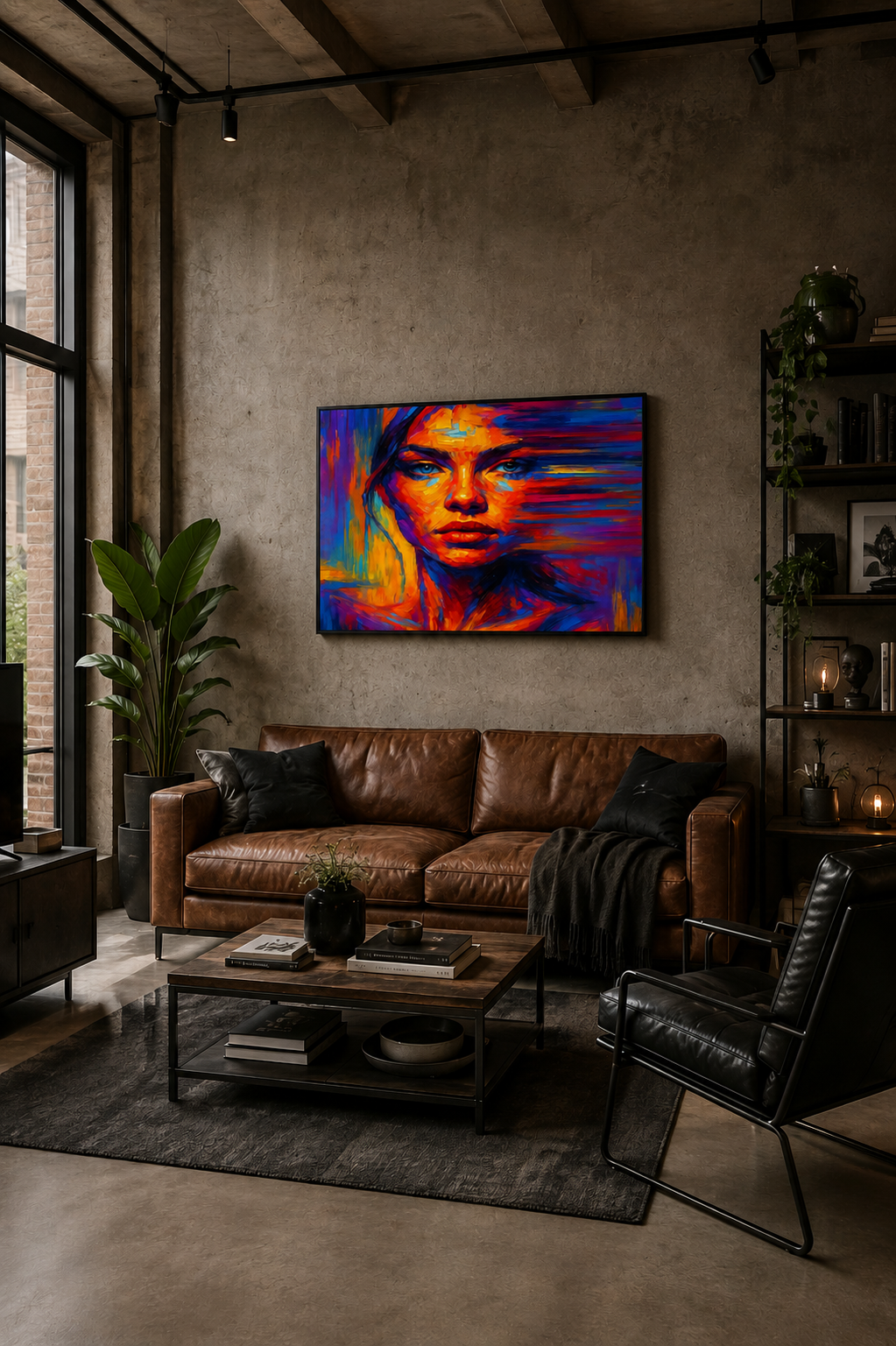 Red Blue Portrait framed wall art in an industrial loft living room above a brown leather sofa, with concrete walls and black metal accents.