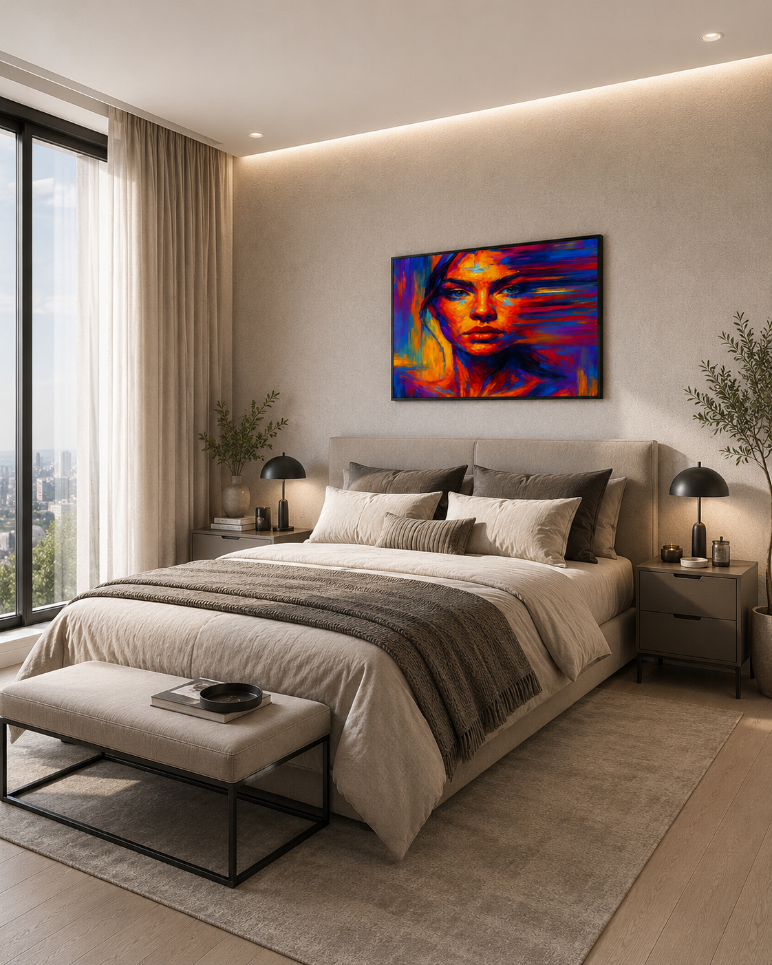 Red Blue Portrait framed wall art above the bed in a bright modern bedroom with neutral tones and warm lighting.