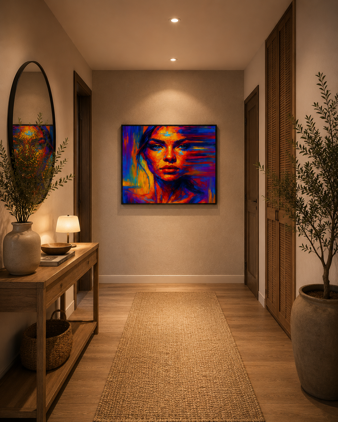 Red Blue Portrait framed wall art in a warm modern hallway with wooden furniture, plants and cozy lighting.