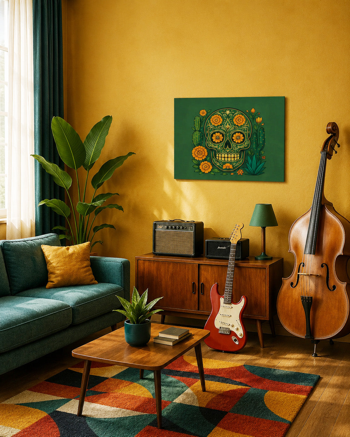 Mid-century music room interior with colorful rug, instruments and realistic 75×60 cm Mexican skull canvas wall decor.