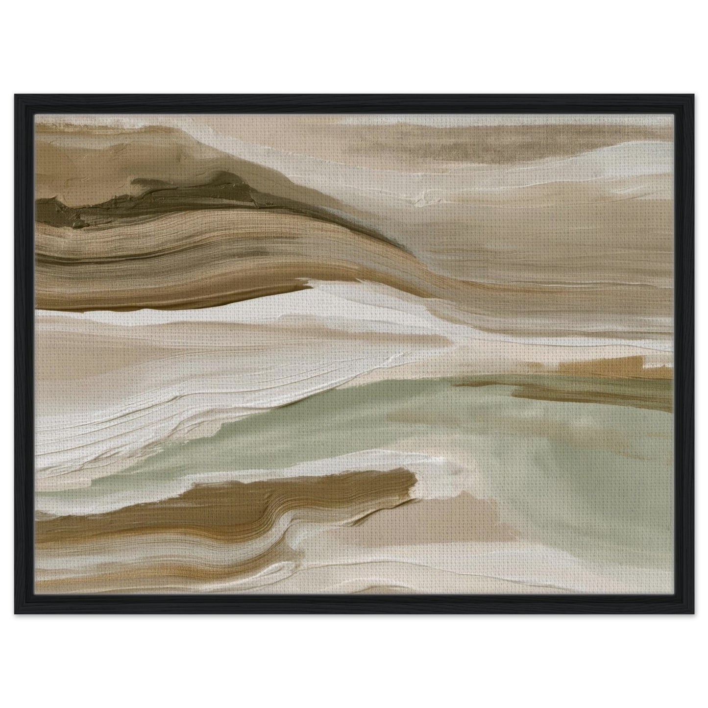 Sage and beige abstract landscape print with flowing earthy layers in black frame