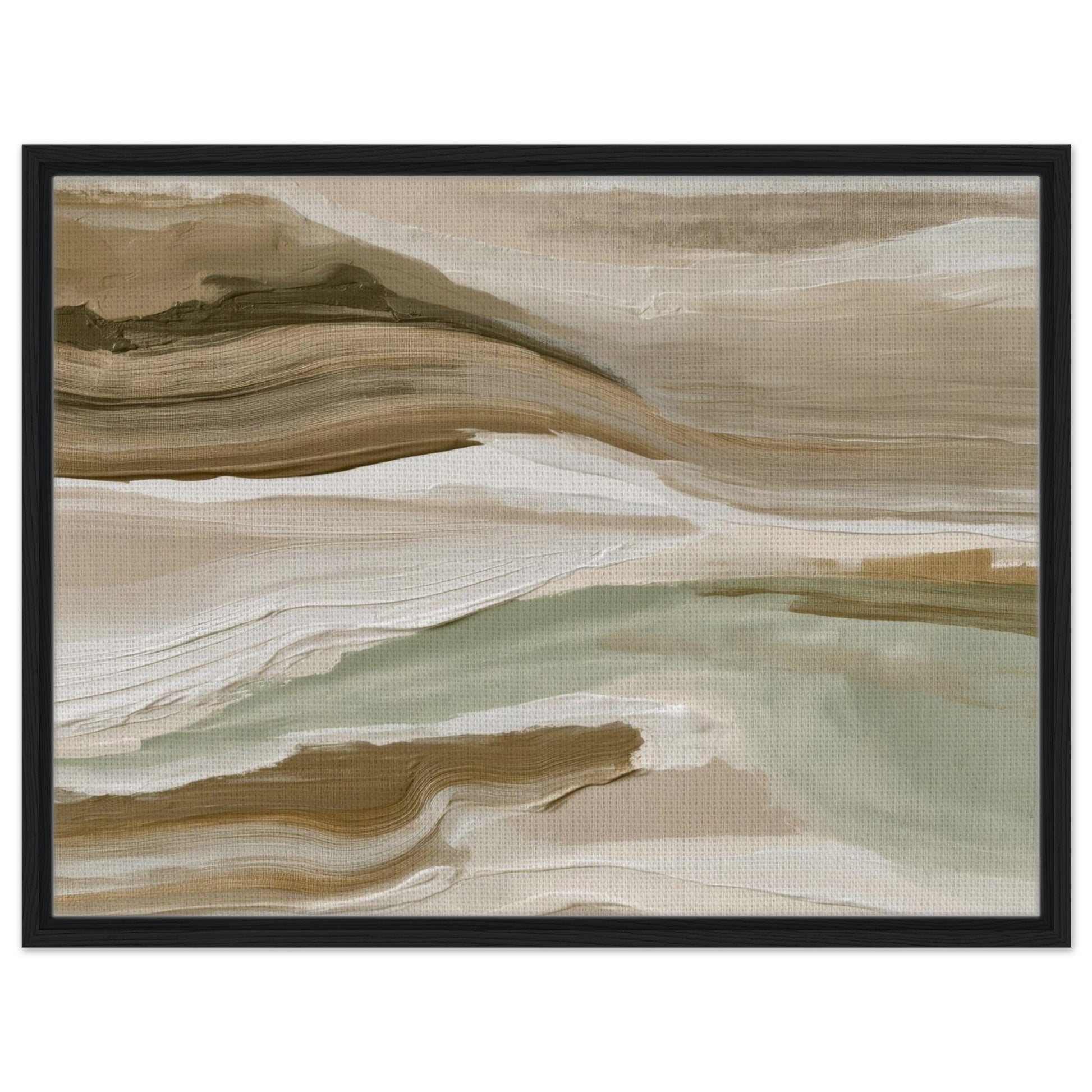 Sage and beige abstract landscape print with flowing earthy layers in black frame