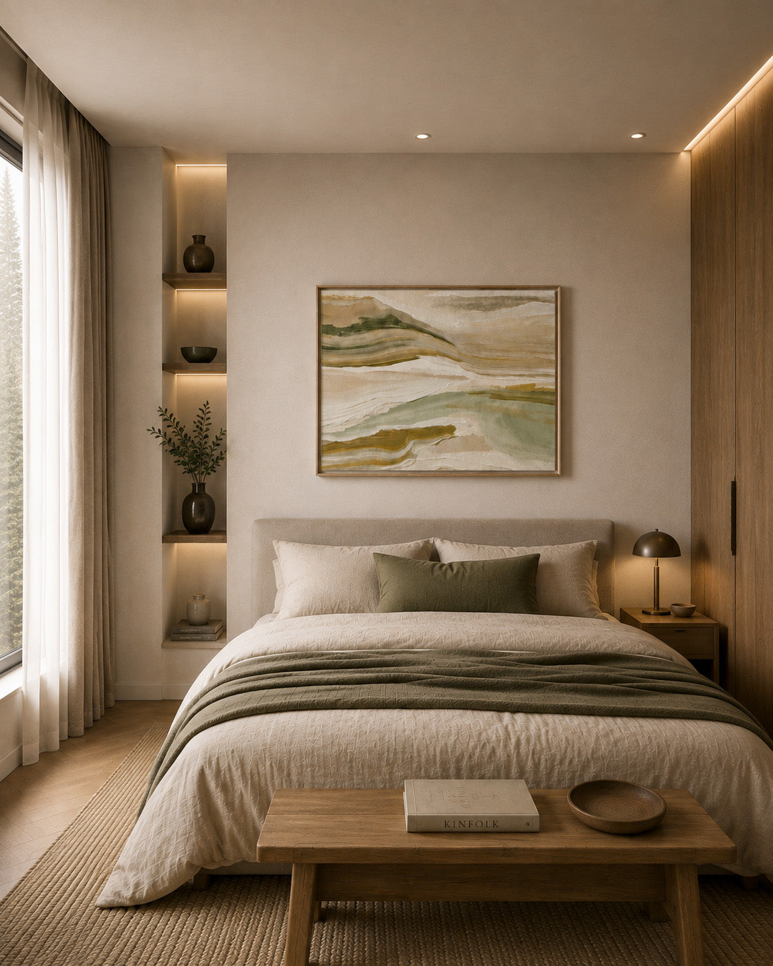 Sage green abstract wall art above bed in a serene neutral bedroom