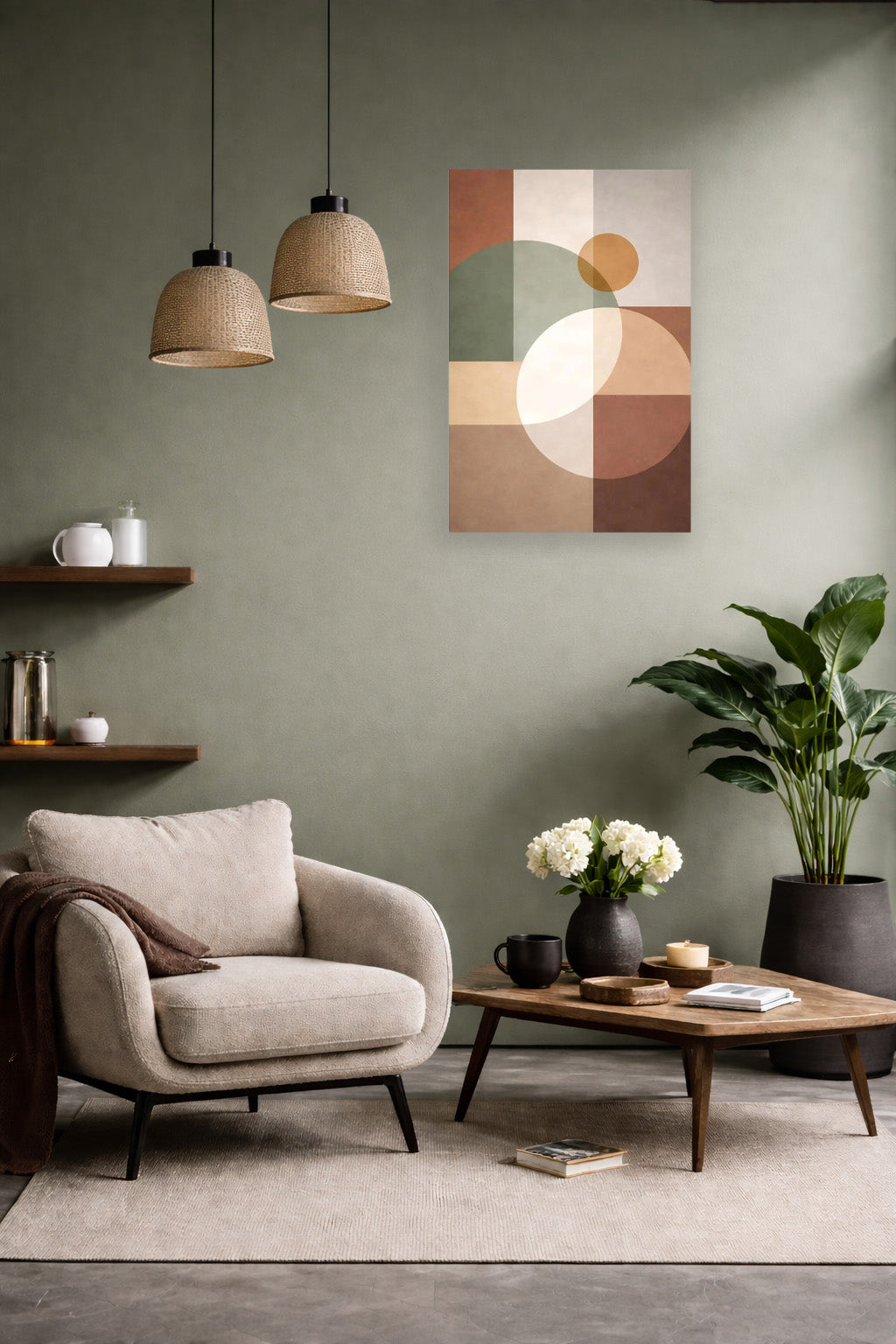 Sage green living room with neutral armchair and abstract geometric wall art poster