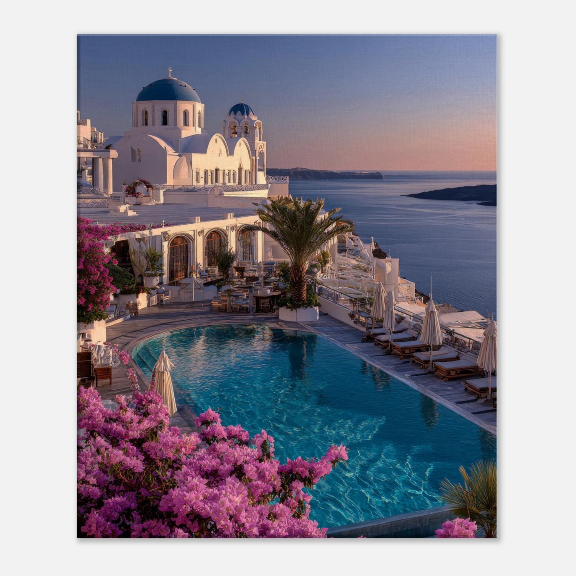 Greek island sunset canvas wall art with blue domes silhouetted against a warm evening sky
