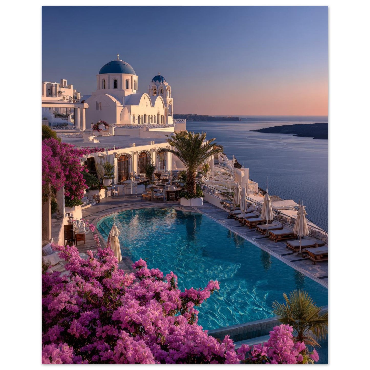 Greek island sunset wall art poster with blue domes silhouetted against a warm evening sky