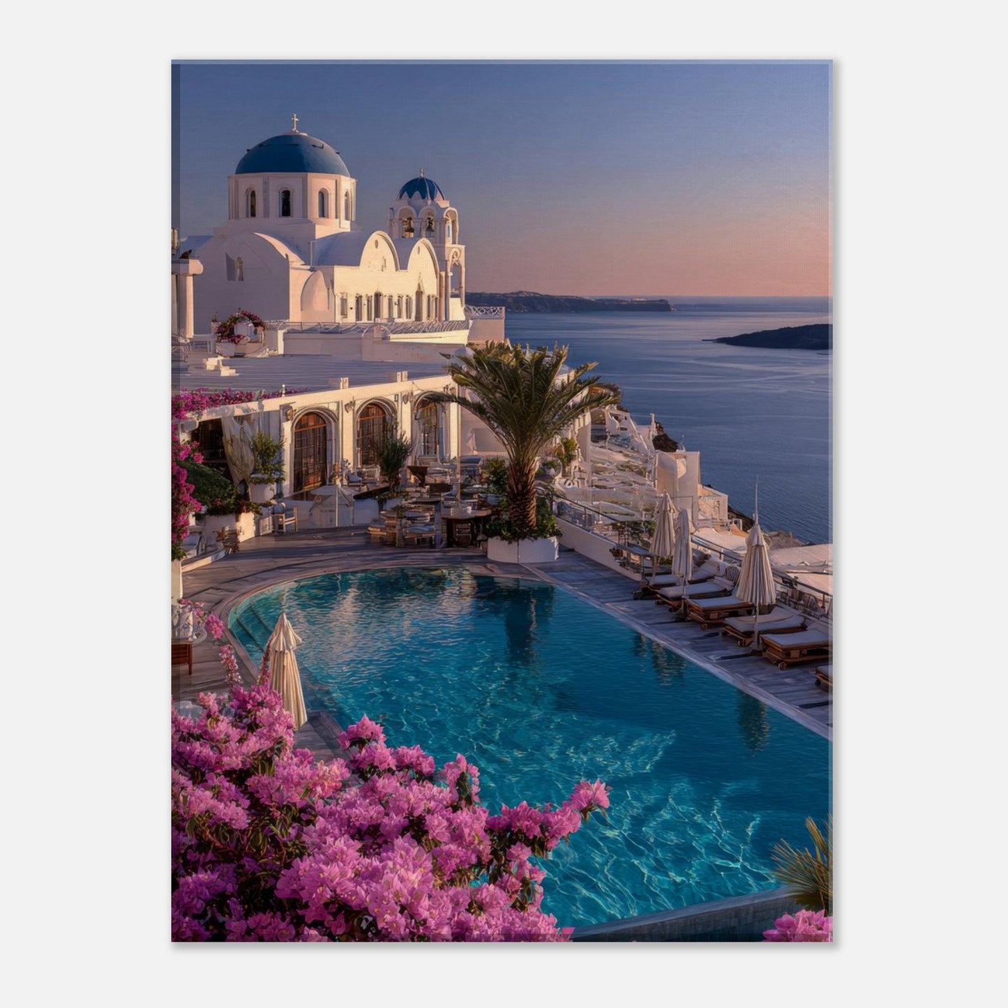 Santorini canvas art with pink bougainvillea framing a poolside terrace above the sea