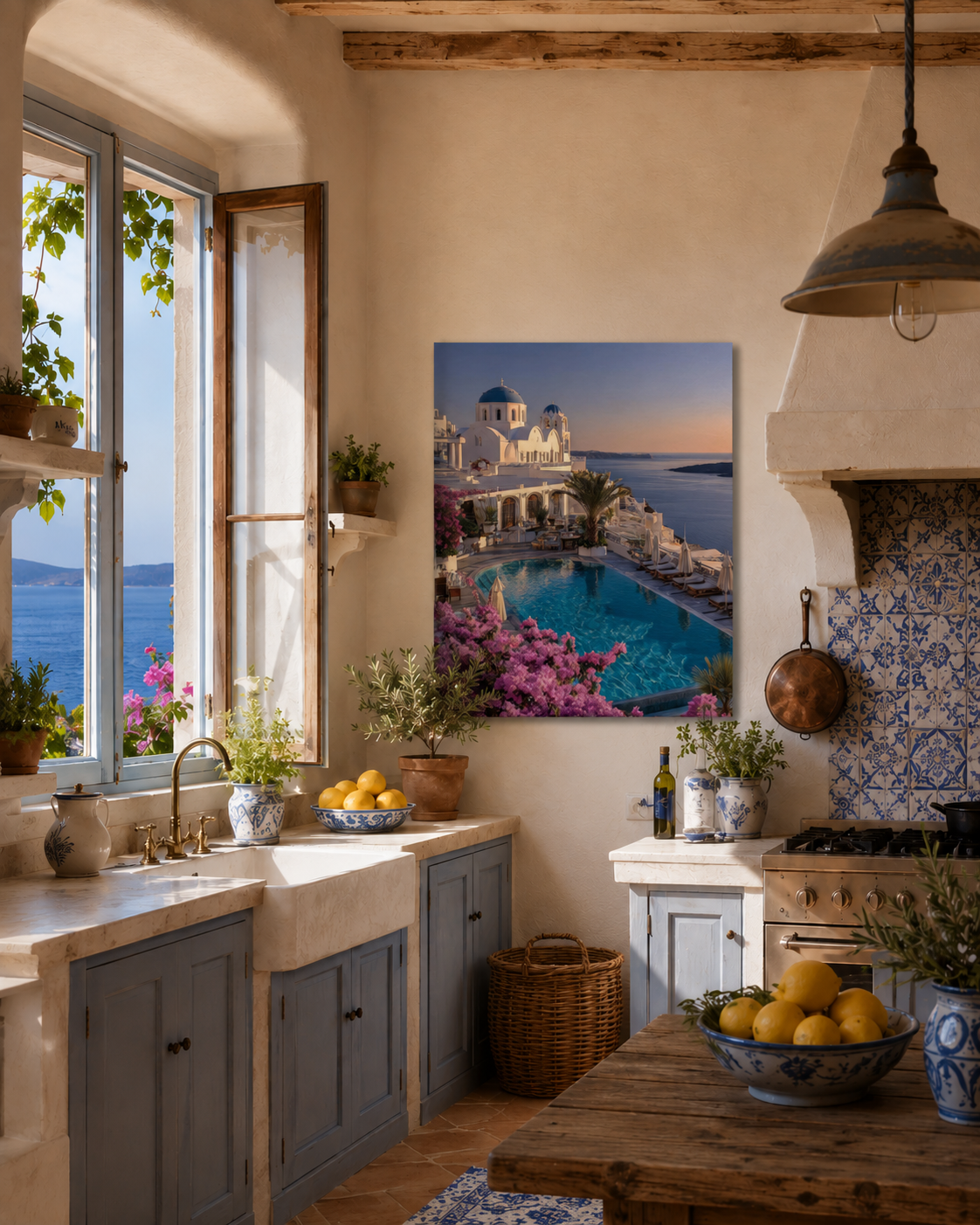Santorini sunset canvas art on a kitchen wall beside a window with fruit bowls and a pendant lamp