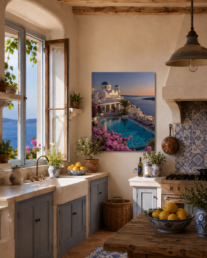 Santorini sunset canvas art on a kitchen wall beside a window with fruit bowls and a pendant lamp