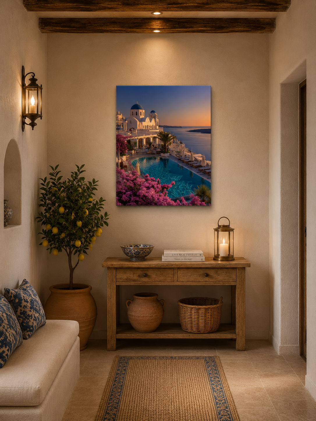 Greek island canvas print in a hallway above a wooden console table with a lamp and olive branches