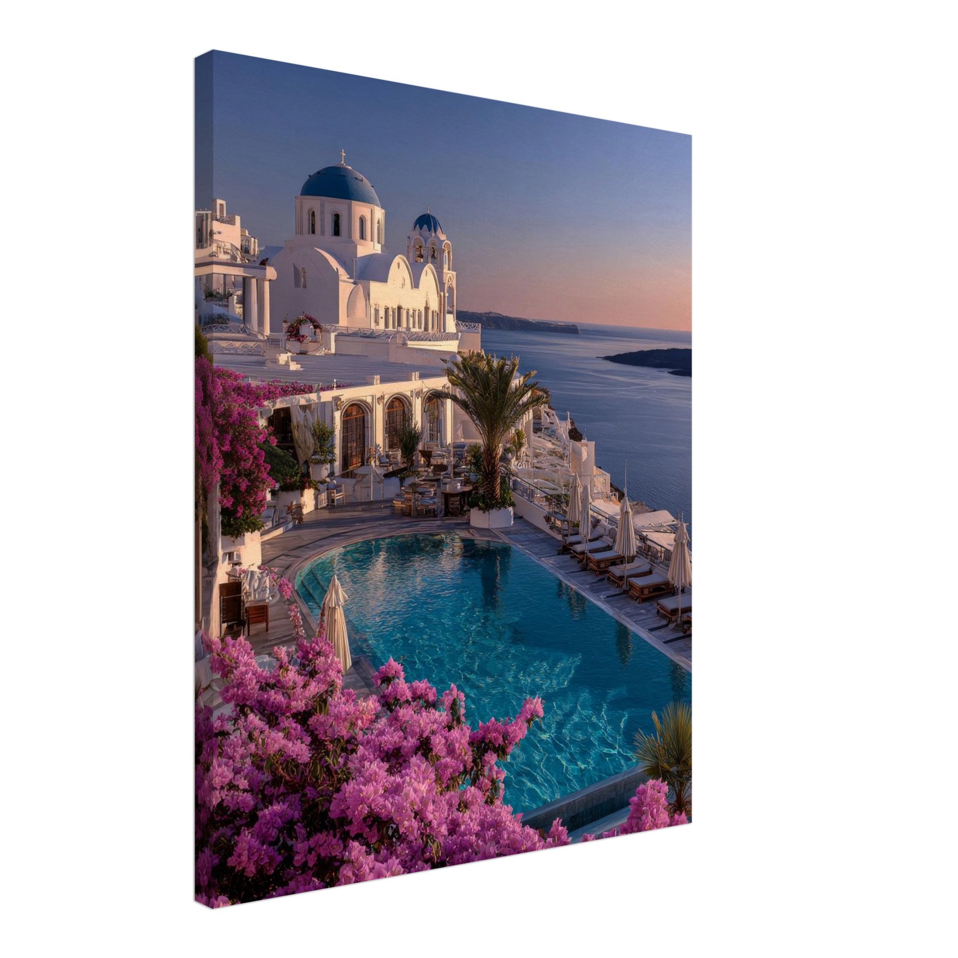Side angle view of the Santorini Blue Hour canvas showing the gallery-wrapped edge and 4 cm deep frame