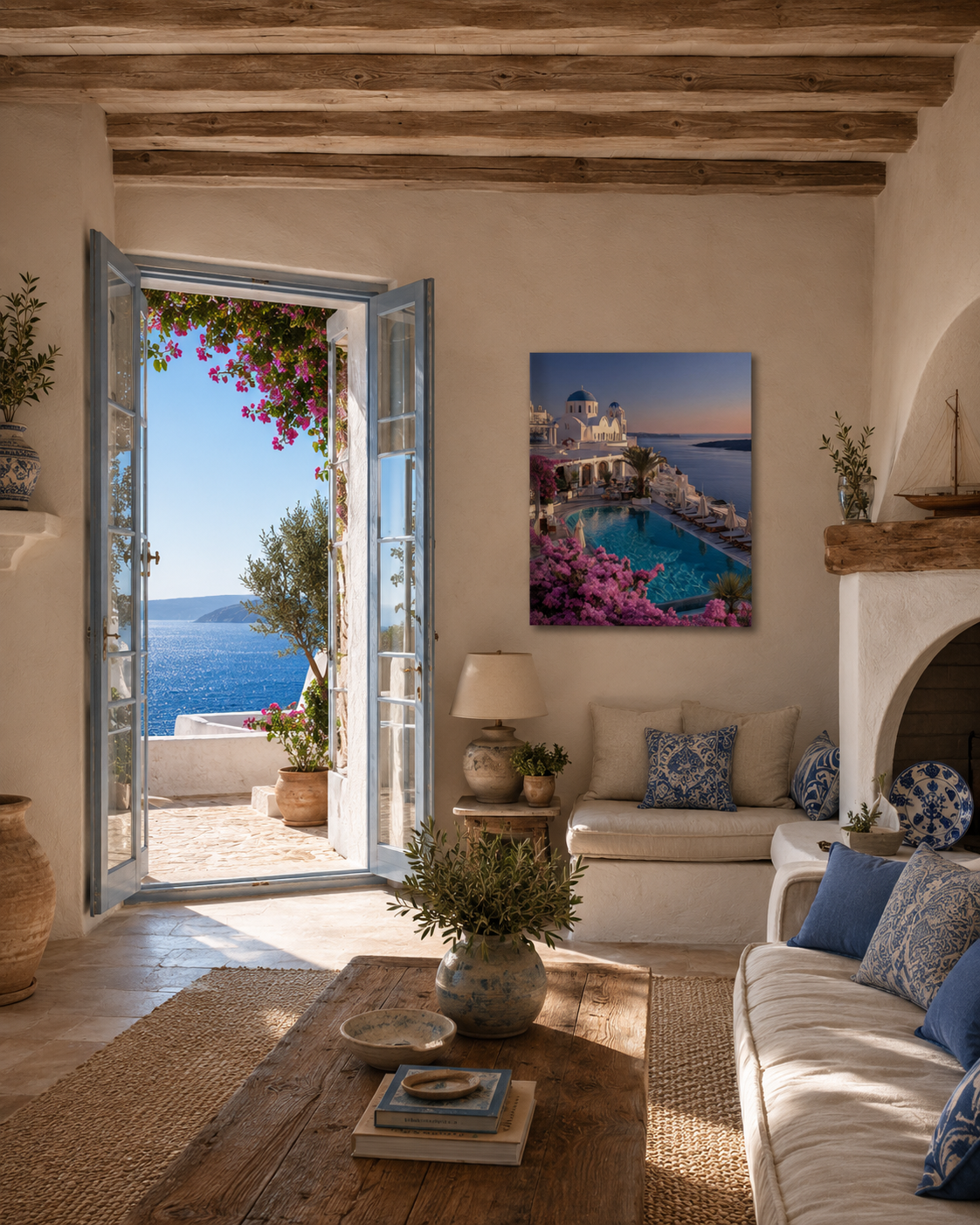 Greek island sunset canvas wall art above a linen sofa in a bright room with open doors to a sea view