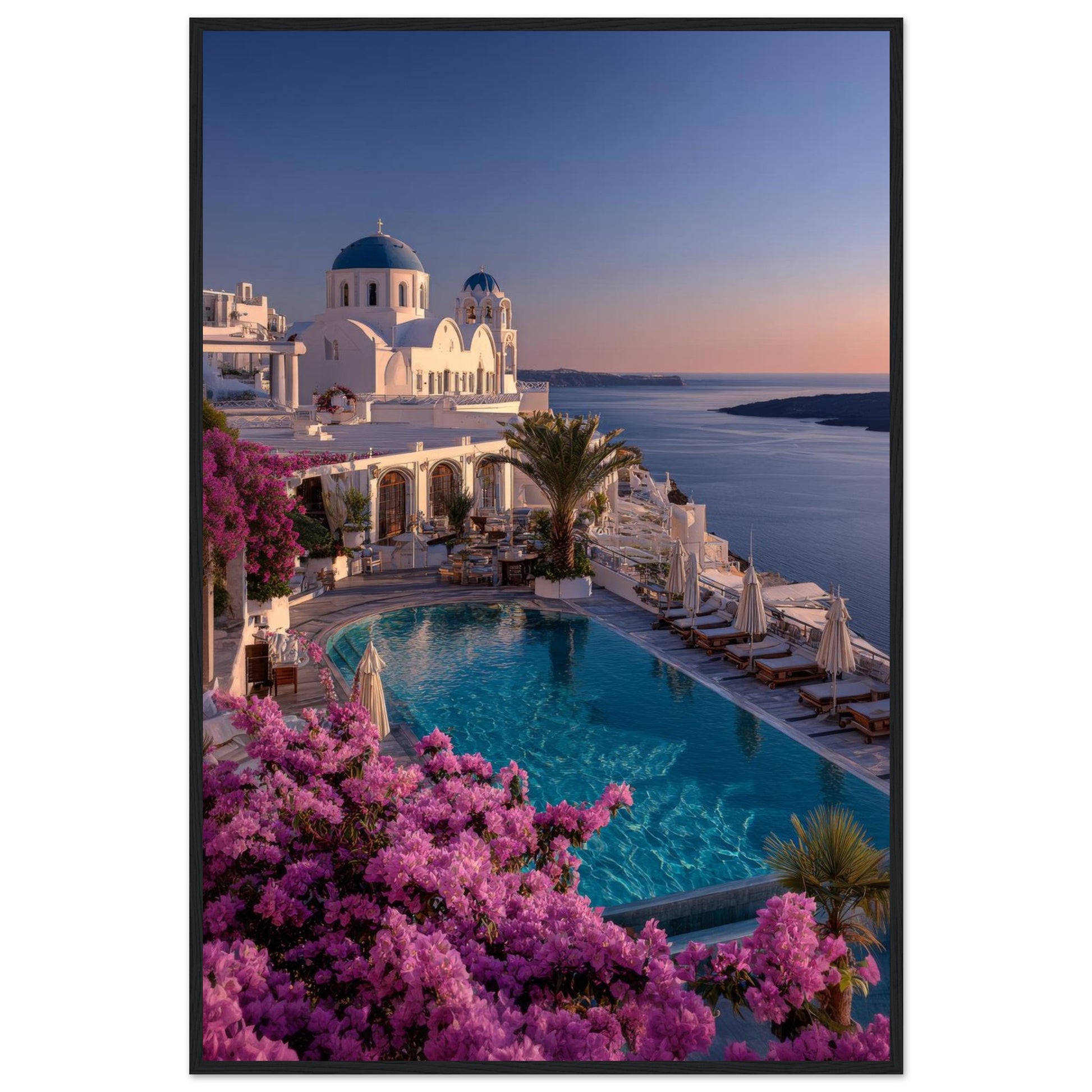 Santorini framed poster in a slim black wooden frame