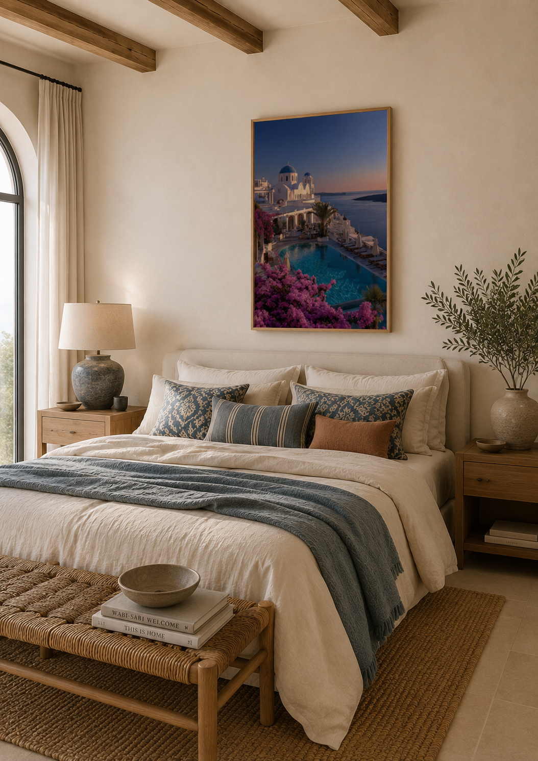 Greek island framed print above a bed in a calm bedroom with striped bedding and a wooden bench