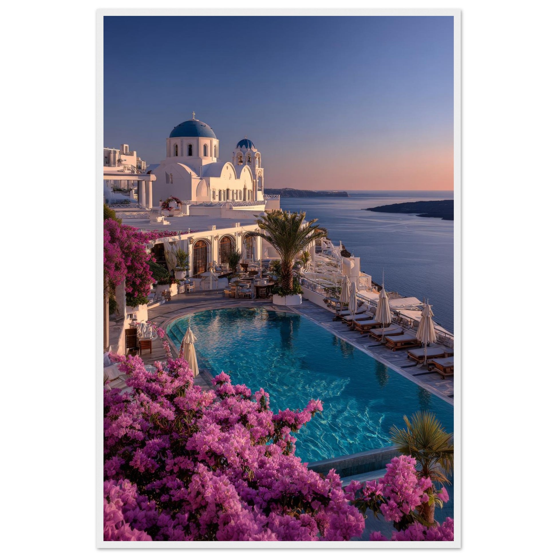 Santorini sunset framed print in a white wooden frame