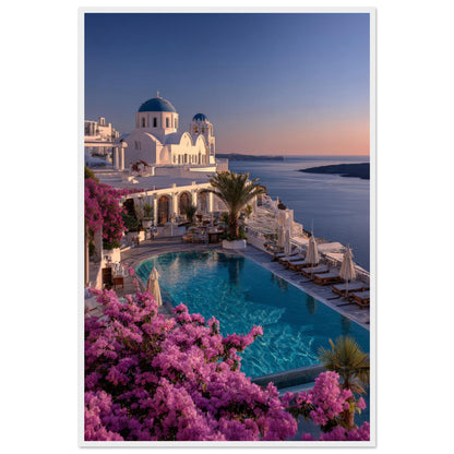 Santorini sunset framed print in a white wooden frame