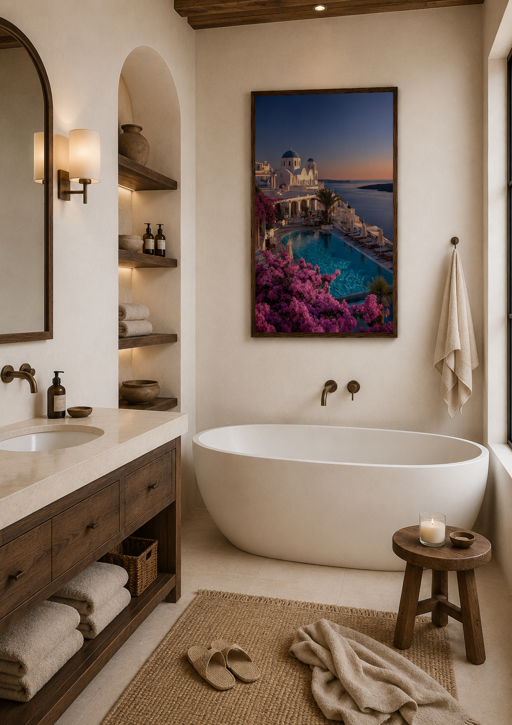 Santorini framed wall art in a bathroom above a freestanding tub with a wall light and stone floor