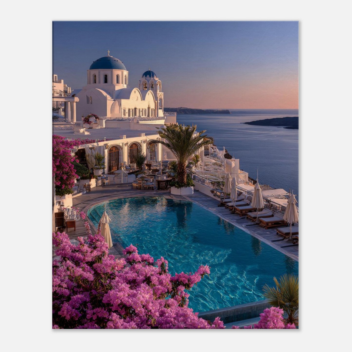 Santorini Blue Hour Greek island sunset canvas wall art with blue-domed churches, a pool and bougainvillea above the Aegean