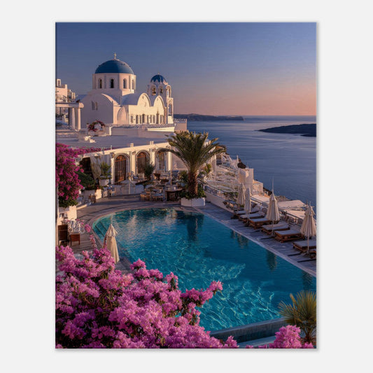Santorini Blue Hour Greek island sunset canvas wall art with blue-domed churches, a pool and bougainvillea above the Aegean