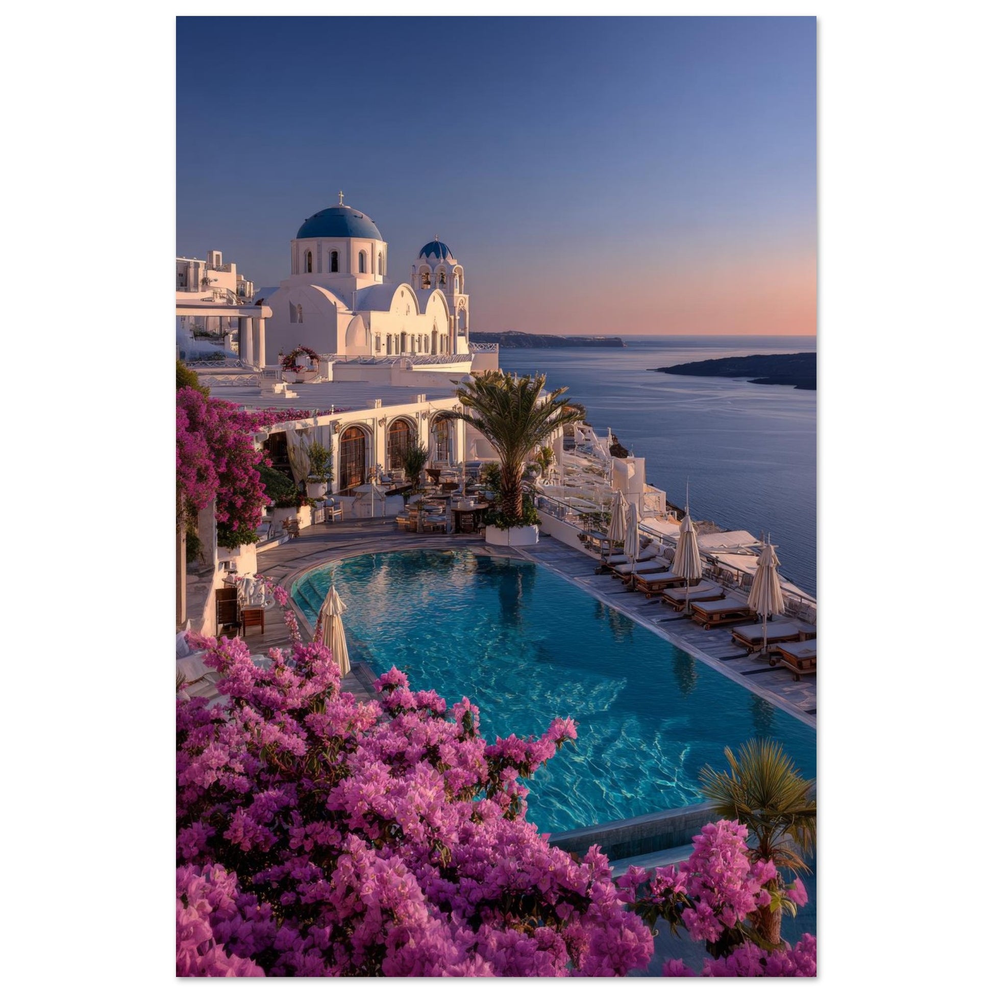 Santorini Blue Hour Greek island sunset wall art poster with blue-domed churches, a pool and bougainvillea above the Aegean