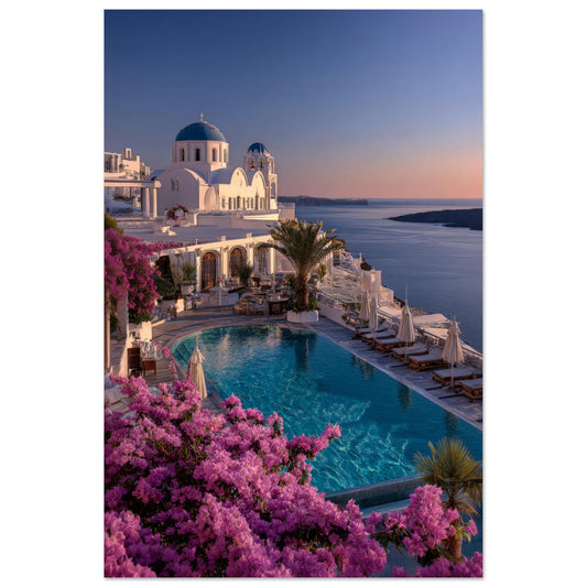 Santorini Blue Hour Greek island sunset wall art poster with blue-domed churches, a pool and bougainvillea above the Aegean