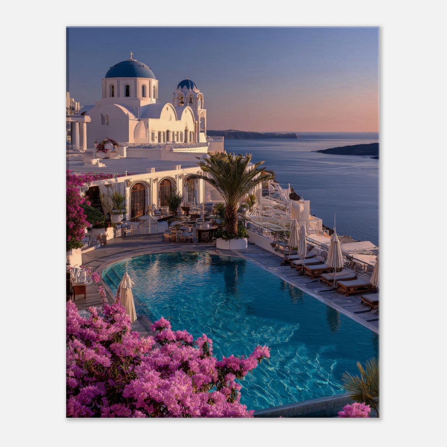 Greek island canvas print showing whitewashed terraces and a turquoise pool at dusk