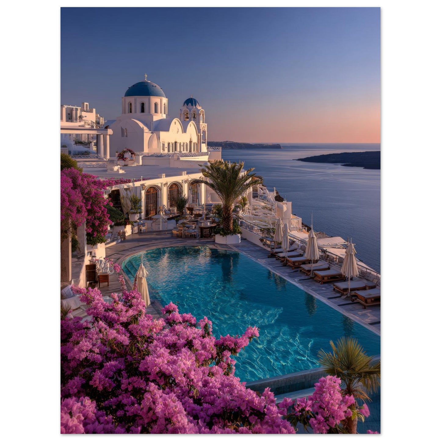 Greek island poster print showing whitewashed terraces and a turquoise pool at dusk