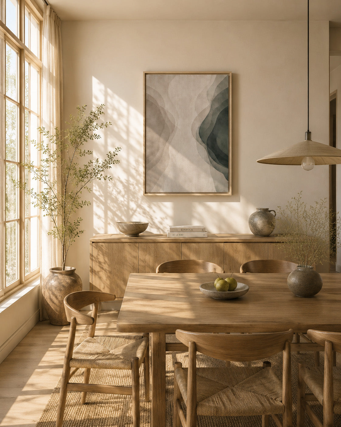 Scandinavian abstract artwork with organic forms in a sunlit dining space