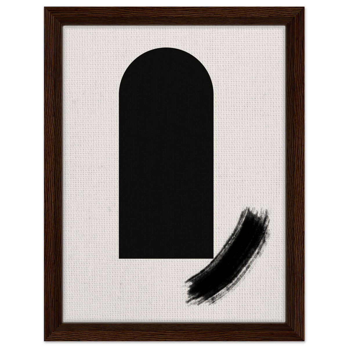 Scandinavian black arch artwork with gestural brushstroke in natural wood frame