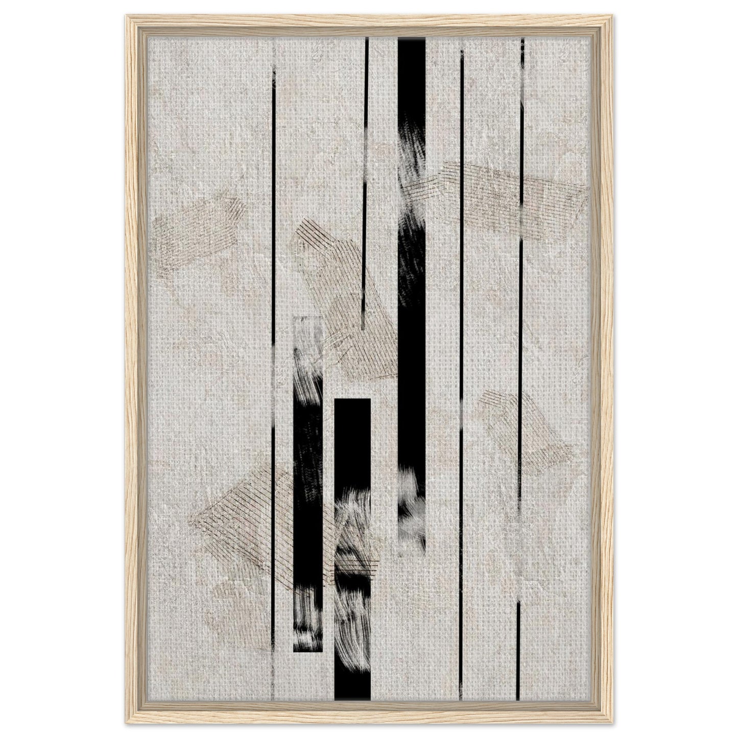 Scandinavian linear artwork with minimalist black forms in a light wood frame
