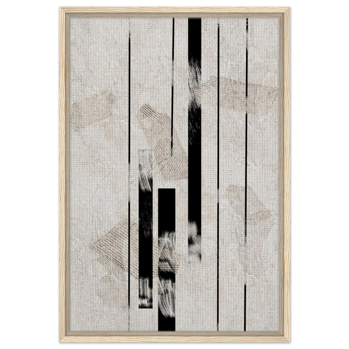 Scandinavian linear artwork with minimalist black forms in a light wood frame