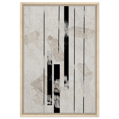 Scandinavian linear artwork with minimalist black forms in a light wood frame